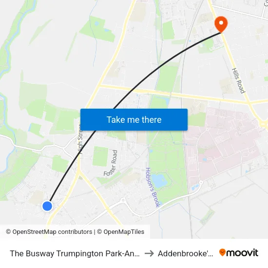 The Busway Trumpington Park-And-Ride, Trumpington to Addenbrooke's Hospital map