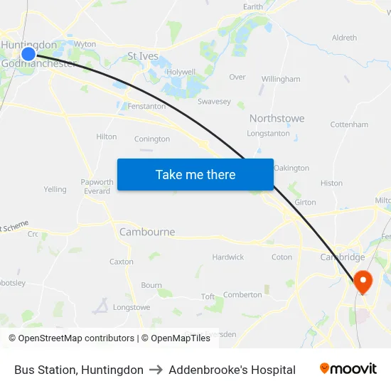 Bus Station, Huntingdon to Addenbrooke's Hospital map