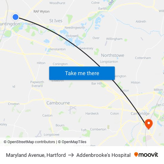 Maryland Avenue, Hartford to Addenbrooke's Hospital map