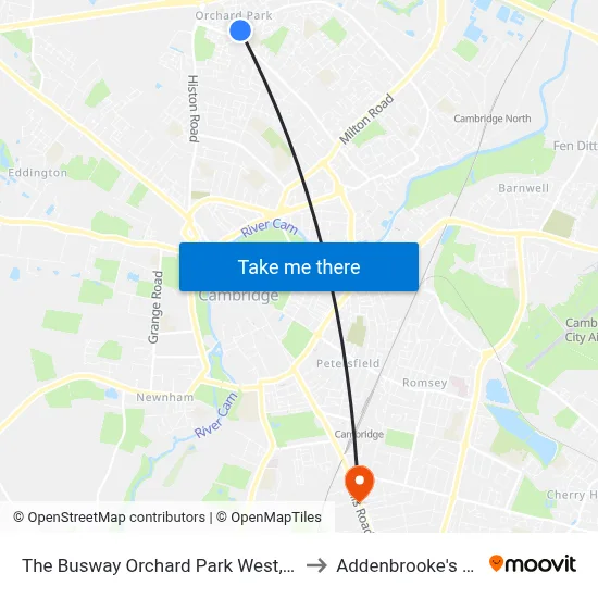 The Busway Orchard Park West, Orchard Park to Addenbrooke's Hospital map