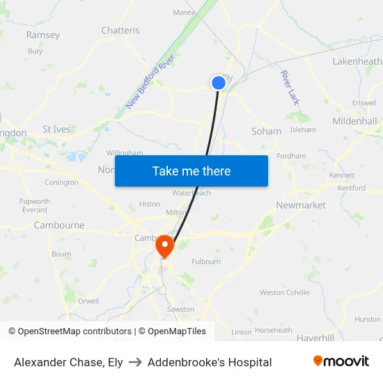 Alexander Chase, Ely to Addenbrooke's Hospital map