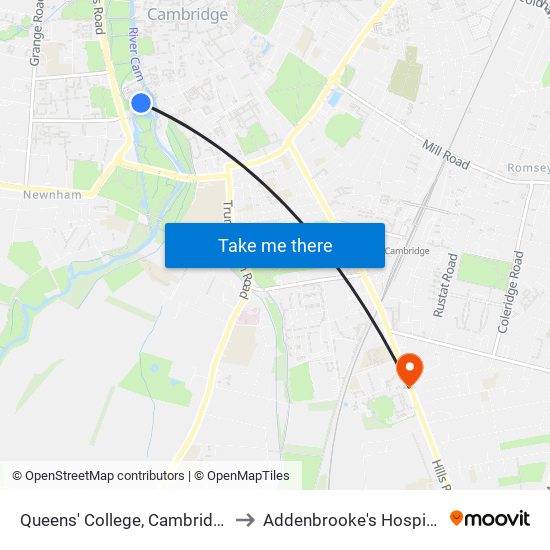 Queens' College, Cambridge to Addenbrooke's Hospital map