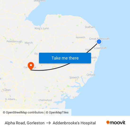 Alpha Road, Gorleston to Addenbrooke's Hospital map