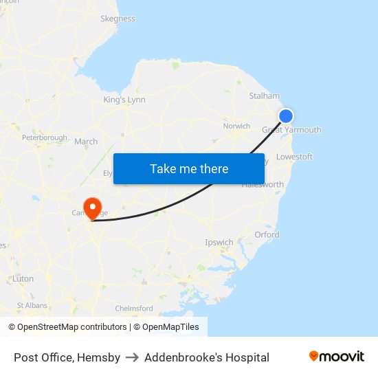 Post Office, Hemsby to Addenbrooke's Hospital map