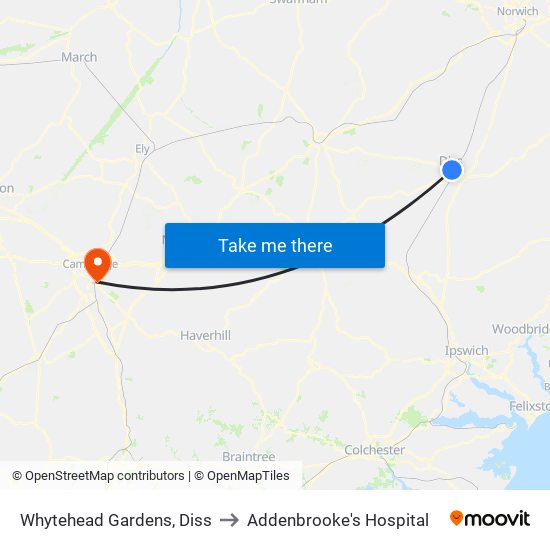 Whytehead Gardens, Diss to Addenbrooke's Hospital map