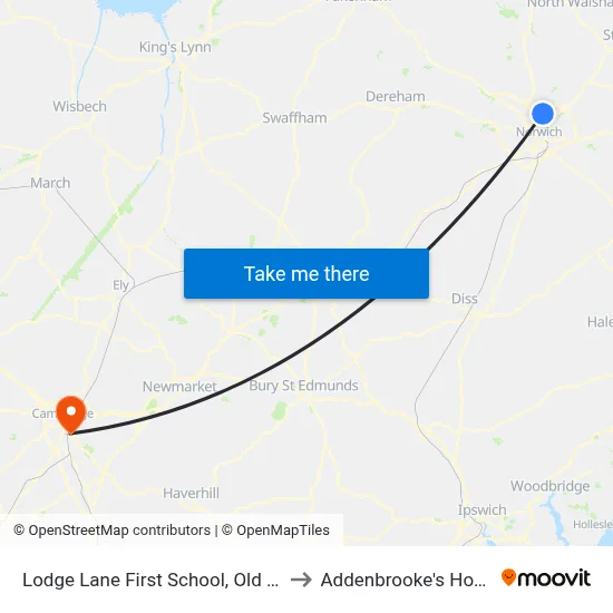Lodge Lane First School, Old Catton to Addenbrooke's Hospital map