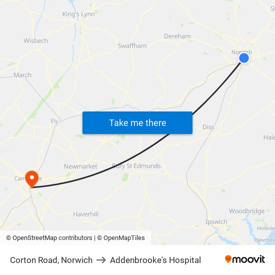 Corton Road, Norwich to Addenbrooke's Hospital map