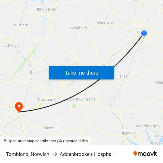 Tombland, Norwich to Addenbrooke's Hospital map