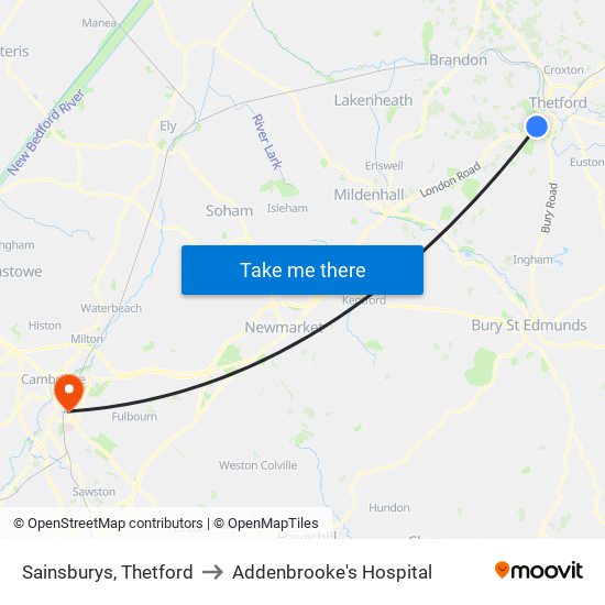 Sainsburys, Thetford to Addenbrooke's Hospital map