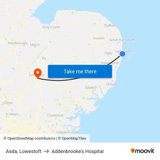 Asda, Lowestoft to Addenbrooke's Hospital map