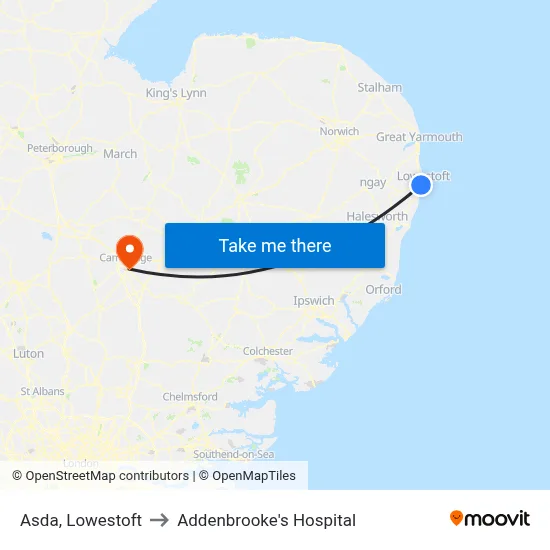 Asda, Lowestoft to Addenbrooke's Hospital map