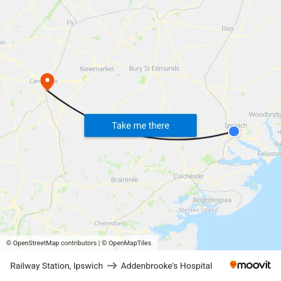 Railway Station, Ipswich to Addenbrooke's Hospital map