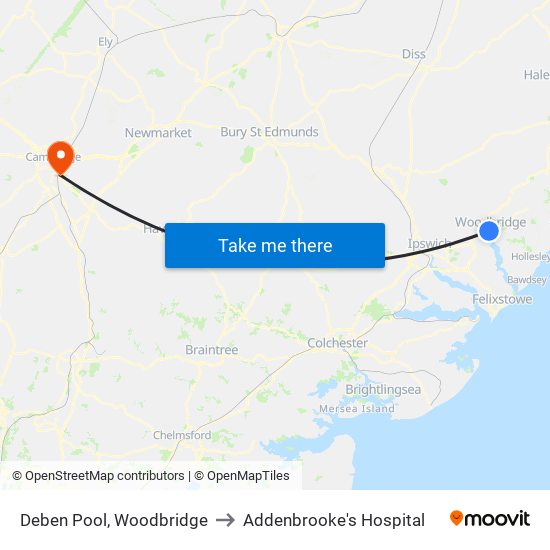 Deben Pool, Woodbridge to Addenbrooke's Hospital map