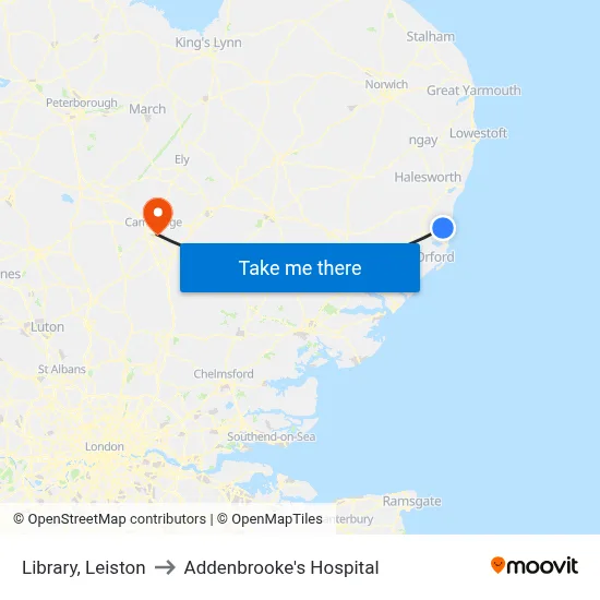 Library, Leiston to Addenbrooke's Hospital map