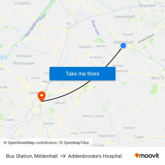 Bus Station, Mildenhall to Addenbrooke's Hospital map