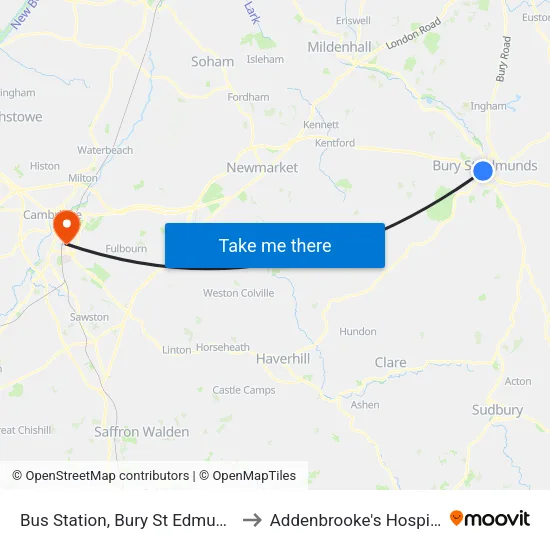 Bus Station, Bury St Edmunds to Addenbrooke's Hospital map