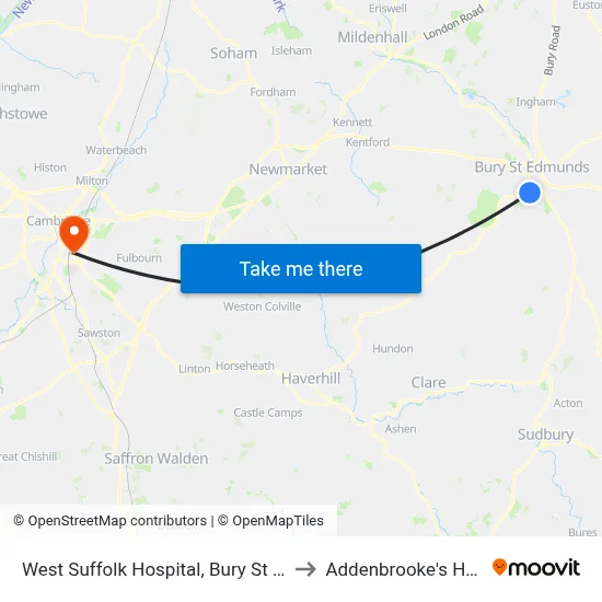 West Suffolk Hospital, Bury St Edmunds to Addenbrooke's Hospital map