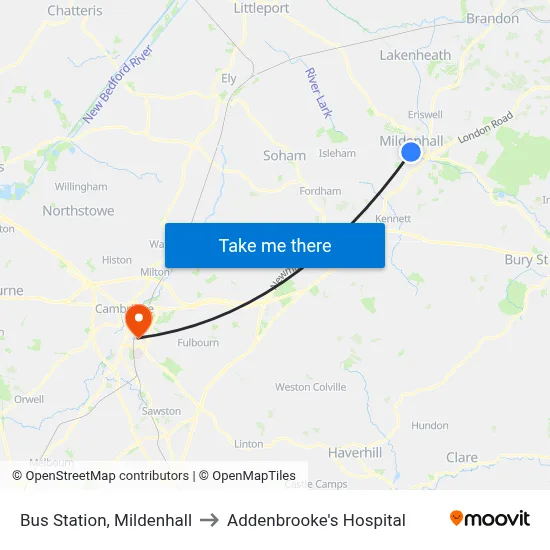 Bus Station, Mildenhall to Addenbrooke's Hospital map