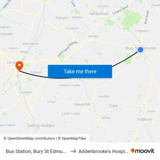 Bus Station, Bury St Edmunds to Addenbrooke's Hospital map