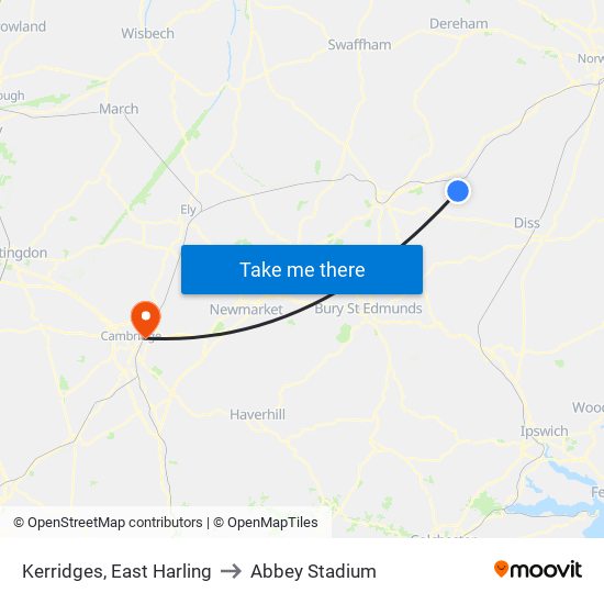 Kerridges, East Harling to Abbey Stadium map