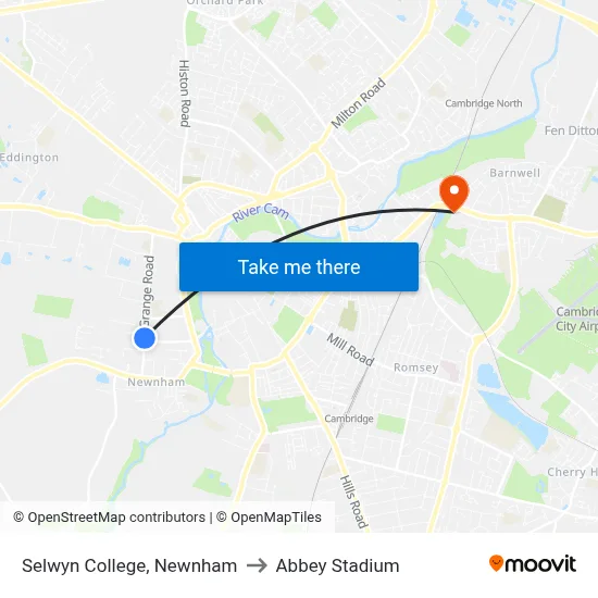 Selwyn College, Newnham to Abbey Stadium map