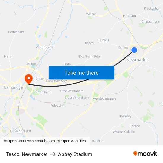 Tesco, Newmarket to Abbey Stadium map