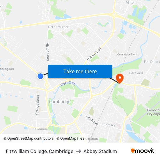 Fitzwilliam College, Cambridge to Abbey Stadium map
