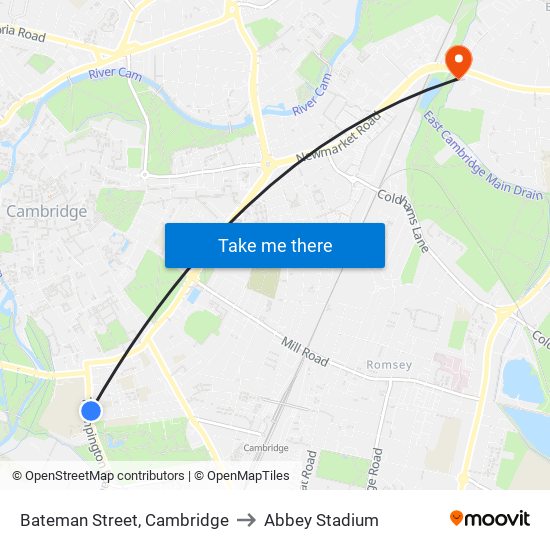 Bateman Street, Cambridge to Abbey Stadium map