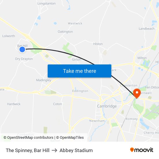 The Spinney, Bar Hill to Abbey Stadium map