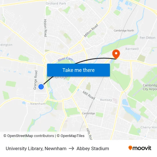 University Library, Newnham to Abbey Stadium map