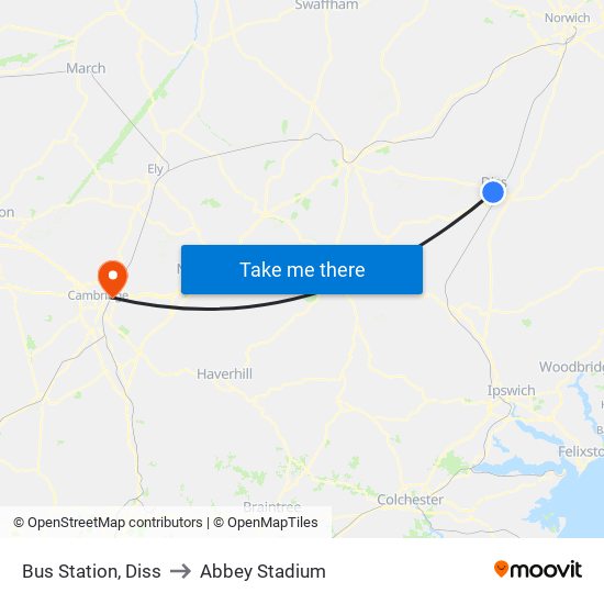 Bus Station, Diss to Abbey Stadium map