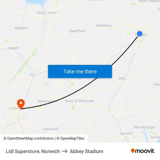 Lidl Superstore, Norwich to Abbey Stadium map