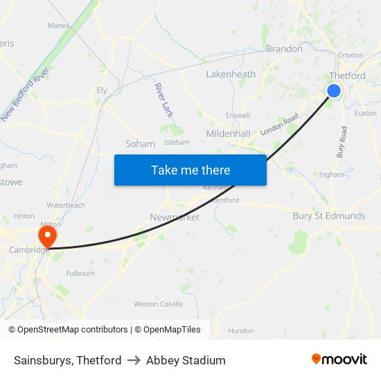 Sainsburys, Thetford to Abbey Stadium map
