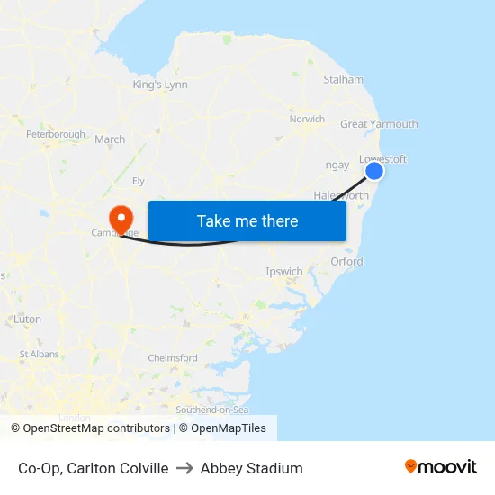 Co-Op, Carlton Colville to Abbey Stadium map