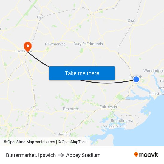 Buttermarket, Ipswich to Abbey Stadium map