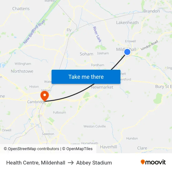 Health Centre, Mildenhall to Abbey Stadium map