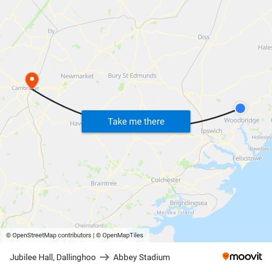 Jubilee Hall, Dallinghoo to Abbey Stadium map