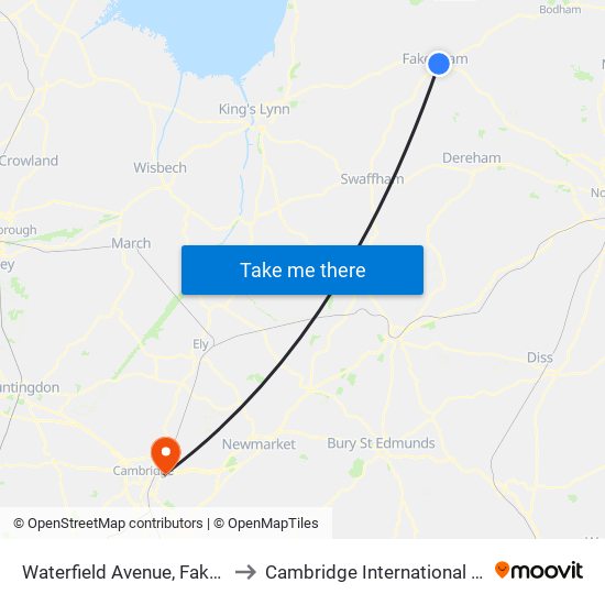 Waterfield Avenue, Fakenham to Cambridge International Airport map