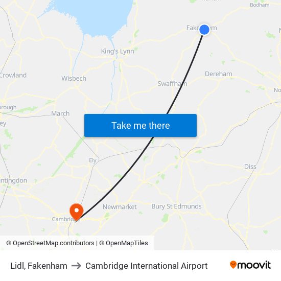 Lidl, Fakenham to Cambridge International Airport map