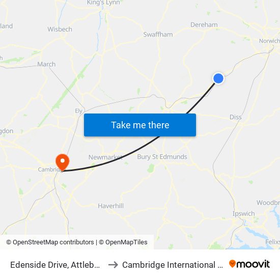 Edenside Drive, Attleborough to Cambridge International Airport map