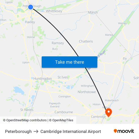 Peterborough to Cambridge International Airport map