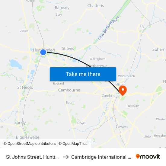 St Johns Street, Huntingdon to Cambridge International Airport map