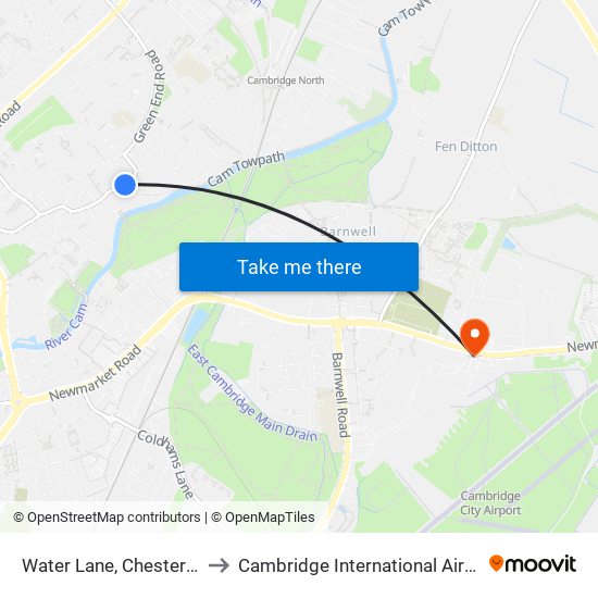 Water Lane, Chesterton to Cambridge International Airport map