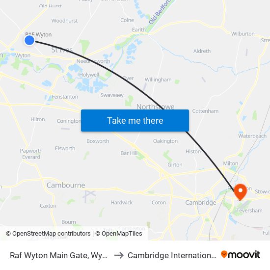 Raf Wyton Main Gate, Wyton Airfield to Cambridge International Airport map