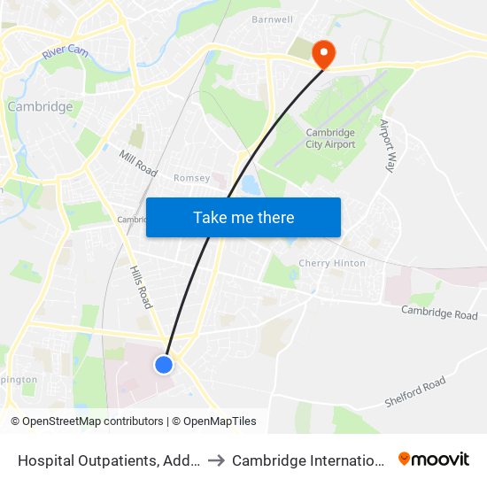 Hospital Outpatients, Addenbrookes to Cambridge International Airport map