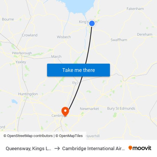 Queensway, Kings Lynn to Cambridge International Airport map