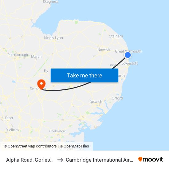 Alpha Road, Gorleston to Cambridge International Airport map