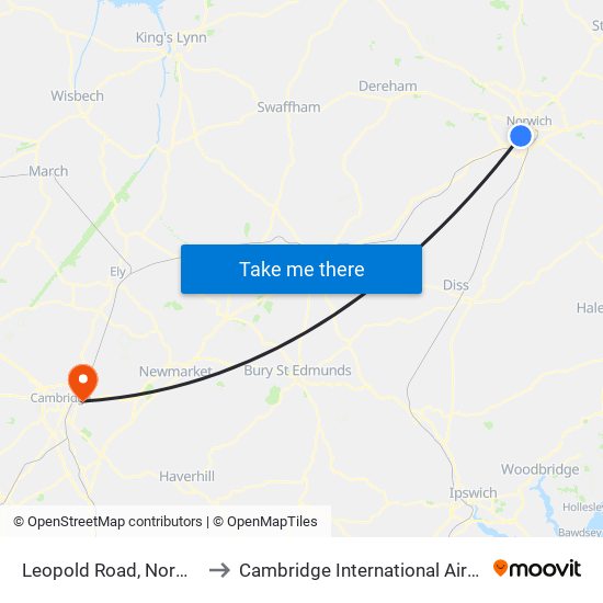 Leopold Road, Norwich to Cambridge International Airport map