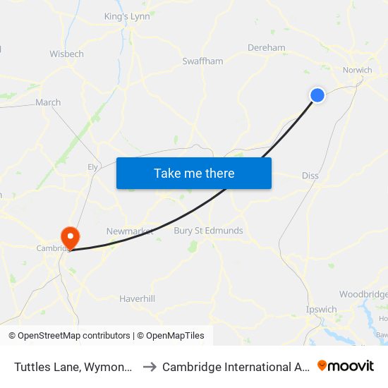 Tuttles Lane, Wymondham to Cambridge International Airport map
