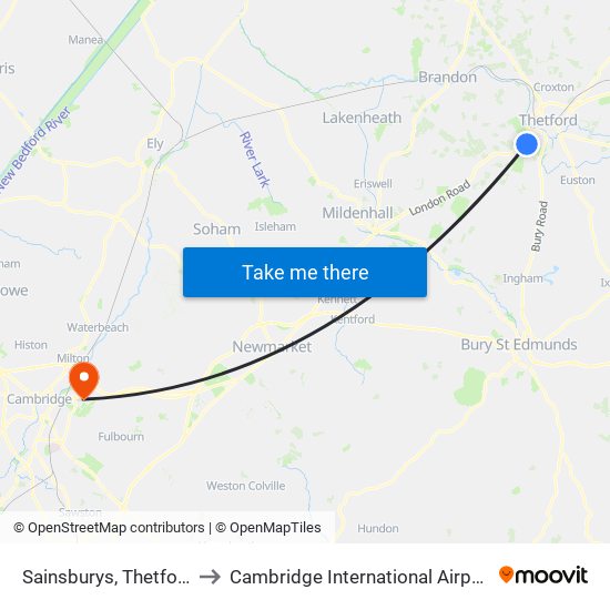 Sainsburys, Thetford to Cambridge International Airport map